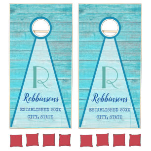 Rustic blue family reunion monogram holiday house cornhole set