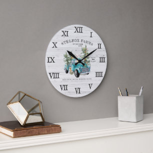 Rustic Blue Farmhouse Truck Christmas Family Name Large Clock