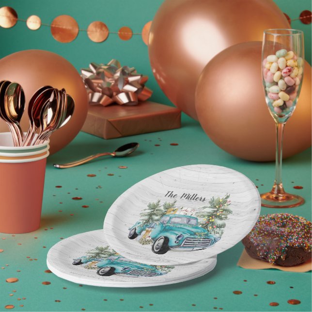 Rustic Blue Farmhouse Truck Christmas Party Paper Plates (Multi)