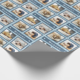 Rustic Blue Faux Denim 4 Photo Dog Pet Add Name Wrapping Paper