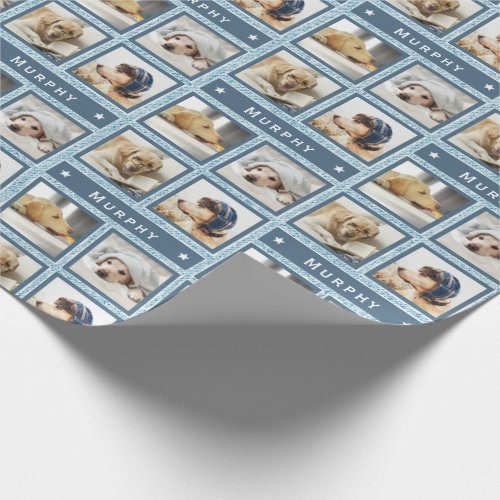 Rustic Blue Faux Denim 4 Photo Dog Pet Add Name Wrapping Paper