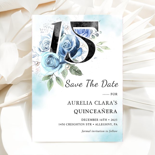 Rustic Blue Floral 15th Birthday Quinceanera Save The Date (Creator Uploaded)