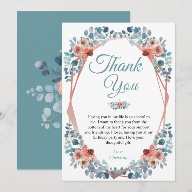 Rustic Blue Floral 50th Birthday Thank You Card (Front/Back)