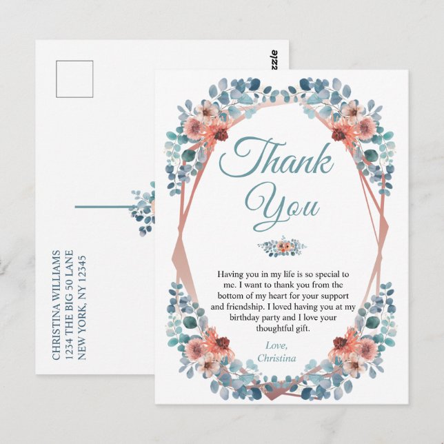 Rustic Blue Floral 50th Birthday Thank You Postcard (Front/Back)
