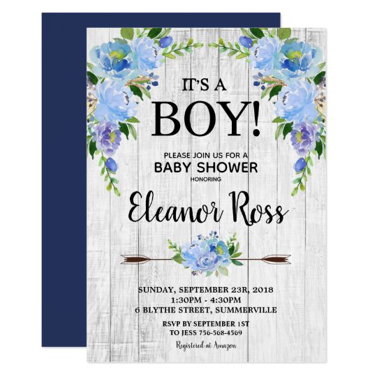 Rustic Blue Floral Baby Shower Flowers Boy Invitation