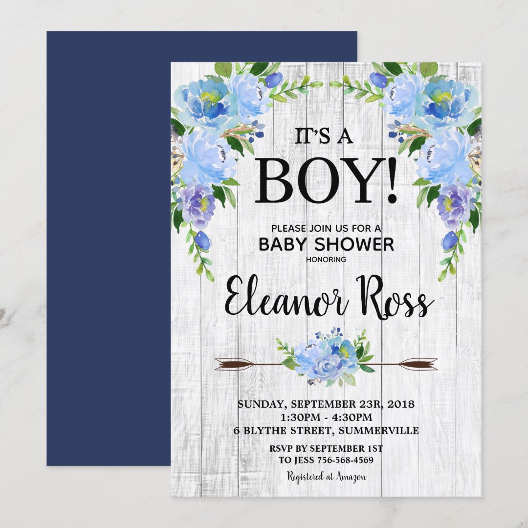 Rustic Blue Floral Baby Shower Flowers Boy Invitation Zazzle