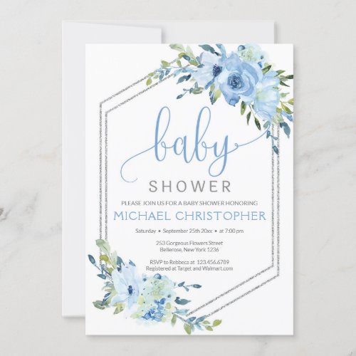 Rustic Blue Floral Boy Baby Shower Invitation