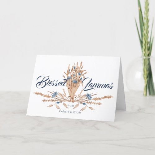 Rustic Blue Floral Dried Leaves Blessed Lammas Holiday Card