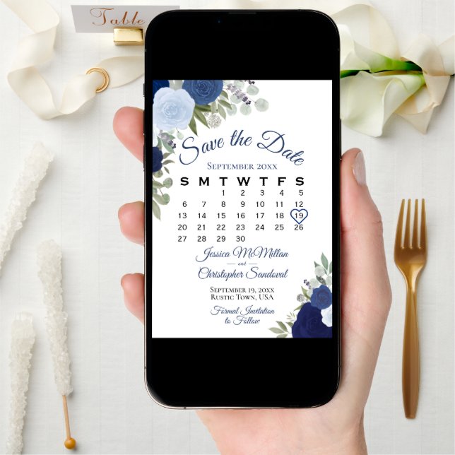 Rustic Blue Floral Elegant Boho Wedding Calendar Save The Date (Front Digital)
