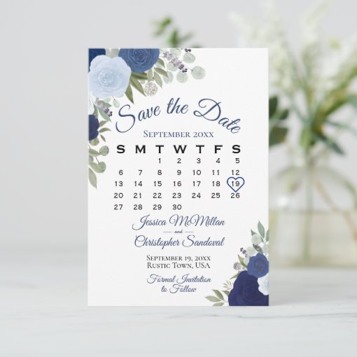 Rustic Blue Floral Elegant Boho Wedding Calendar Save The Date | Zazzle