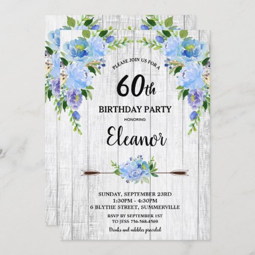 Rustic Blue Floral Flowers 60th Birthday ANY AGE Invitation