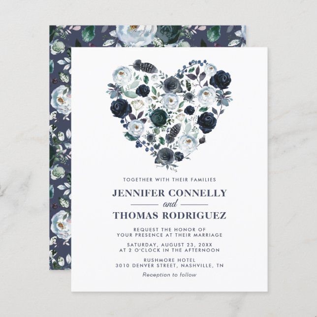 Rustic Blue Floral Heart Budget Wedding Invitation (Front/Back)