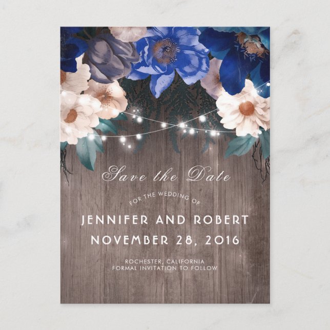 Rustic Blue Floral Lights Barn Save the Date Announcement Postcard (Front)
