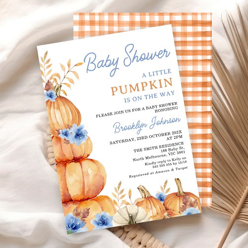 Rustic Blue Floral Little Pumpkin Baby Shower  Invitation