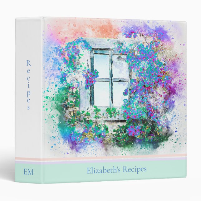 Rustic Blue Floral Personalized Recipe 3 Ring Binder (Front/Spine)