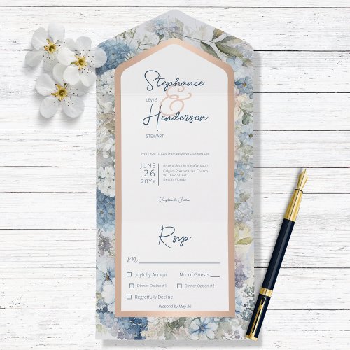 Rustic Blue Floral  Rose Gold Dinner All In One Invitation