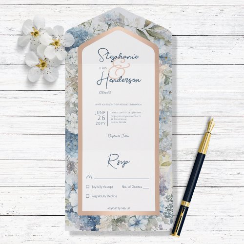 Rustic Blue Floral  Rose Gold No Dinner All In One Invitation