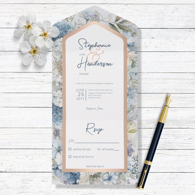 Rustic Blue Floral & Rose Gold No Dinner All In One Invitation (Creator Uploaded)