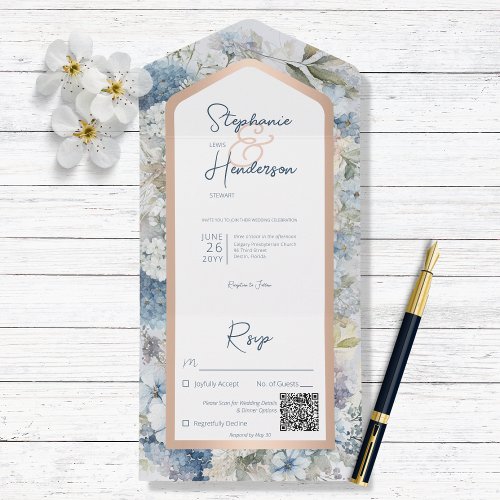 Rustic Blue Floral  Rose Gold QR Code All In One Invitation