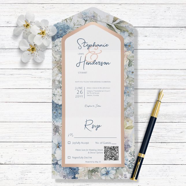 Rustic Blue Floral & Rose Gold QR Code All In One Invitation (Creator Uploaded)