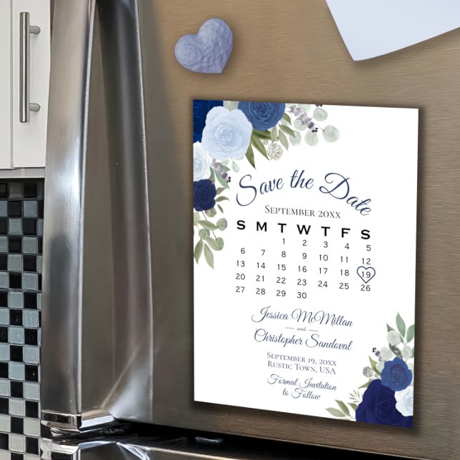 Rustic Blue Floral Save the Date Calendar Magnet