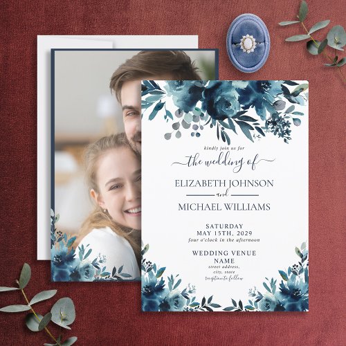 Rustic Blue Floral Script Photo Wedding Invitation