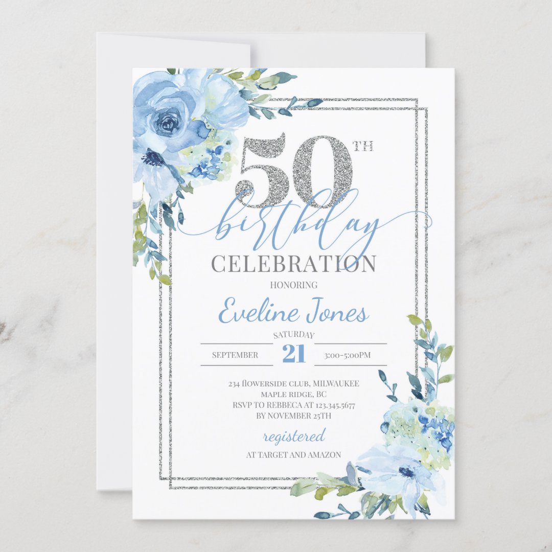 Rustic Blue Floral Silver Frame 50th Birthday Invitation 