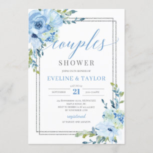 Rustic blue floral silver frame couples shower invitation
