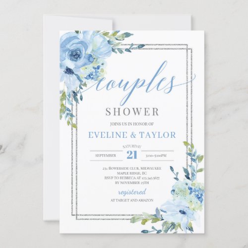 Rustic blue floral silver frame couples shower invitation
