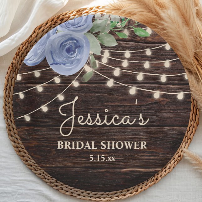 Rustic Blue Floral String Lights Bridal Shower Paper Plates (Dusty blue watercolor floral, string lights, and rustic wood bridal shower paper plate)
