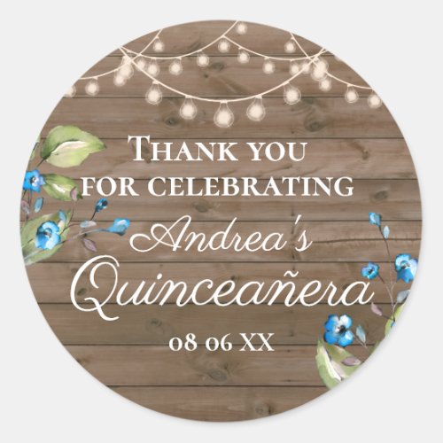 Rustic Blue Floral String of Lights Quinceaera Classic Round Sticker