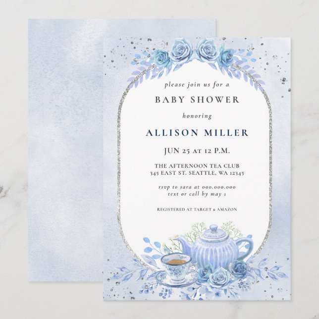 Rustic Blue Floral Tea Party Baby Shower  Invitation (Front/Back)