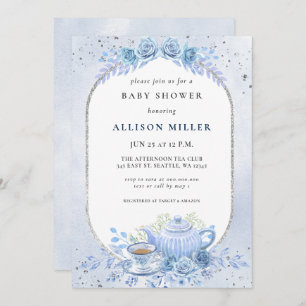 Rustic Blue Floral Tea Party Baby Shower Invitation