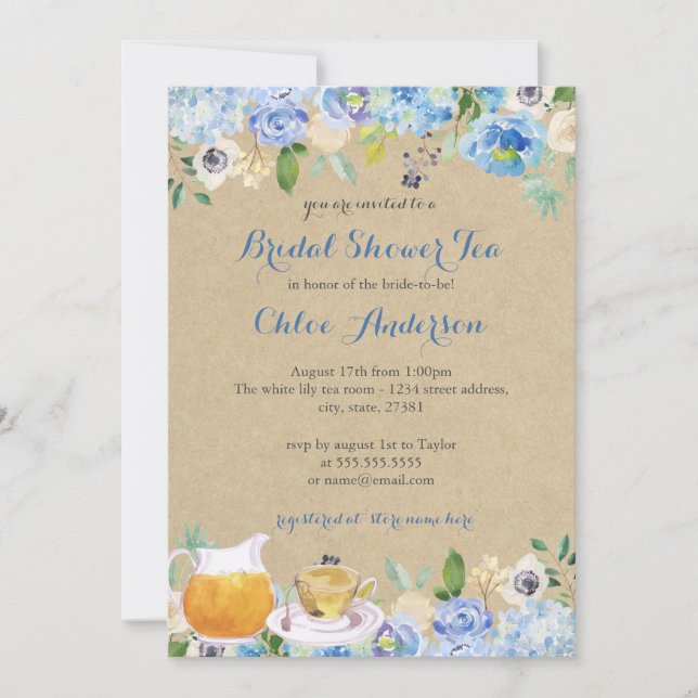 Rustic Blue Floral Teacup Bridal Shower Invitation (Front)