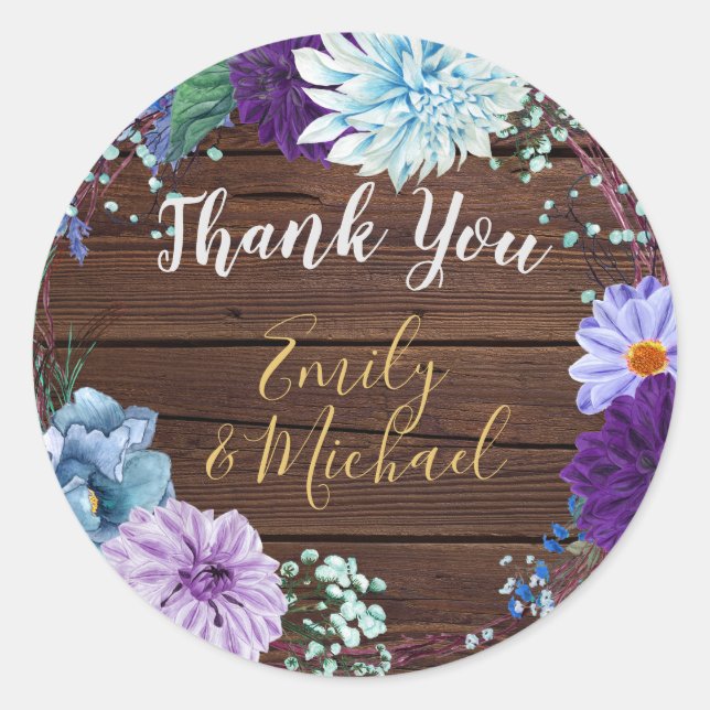 Rustic Blue Floral Thank You Favor Stickers (Front)