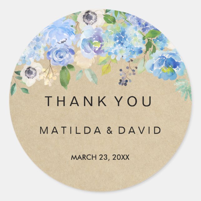 Rustic Blue Floral Thank You Wedding Sticker (Front)