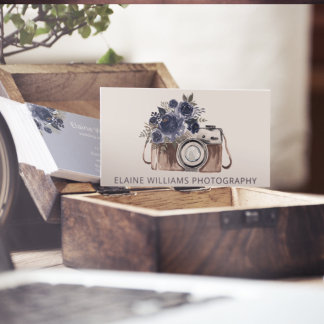 Rustic Blue Floral Vintage Camera Photographer Business Card