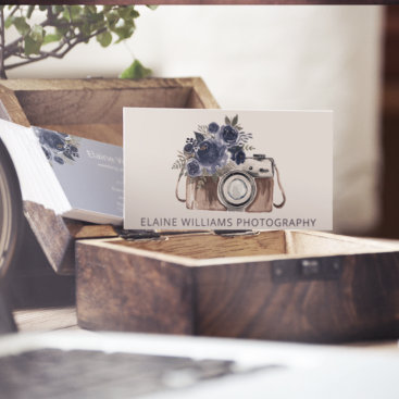 Rustic Blue Floral Vintage Camera Photographer   Business Card