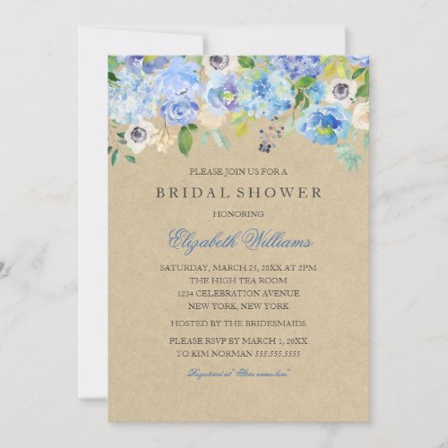 Rustic Blue Floral Watercolor Bridal Shower Invite