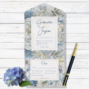 Rustic Blue Floral Watercolor Dinner All In One Invitation