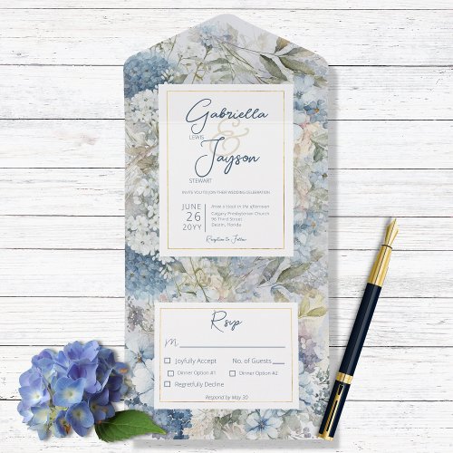 Rustic Blue Floral Watercolor Dinner All In One Invitation