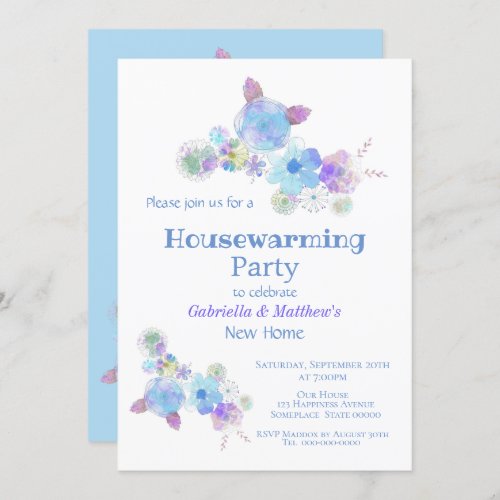 Rustic Blue Floral Watercolor Housewarming Party Invitation