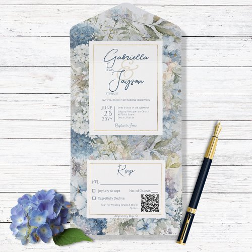 Rustic Blue Floral Watercolor QR Code All In One Invitation