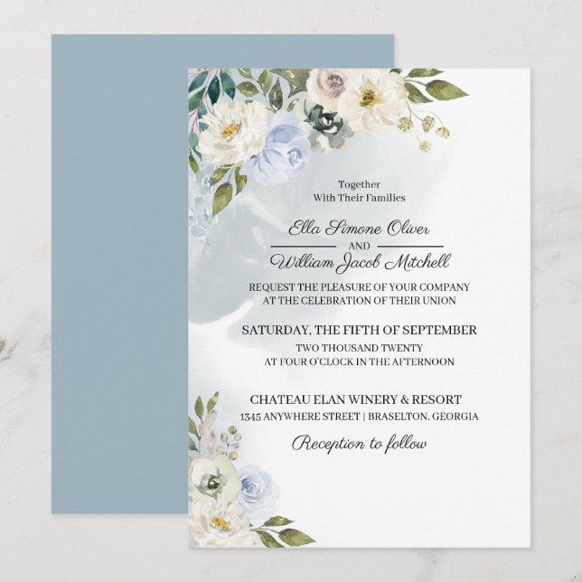 Rustic Blue Floral Wedding Invitation (Front/Back)