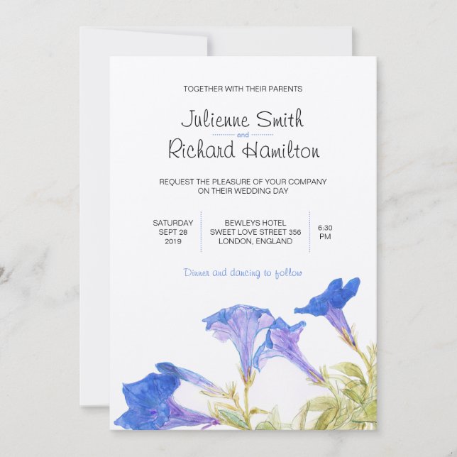 Rustic Blue Floral Wedding Invitations (Front)
