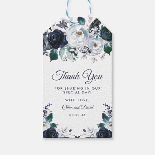 Rustic Blue Floral Wedding Thank You Gift Tags - Elegant navy & dusty blue wedding thank you gift tags featuring a trendy white background that can be changed to any color, rustic boho blue watercolor flowers, a thank you note, names, and wedding date.