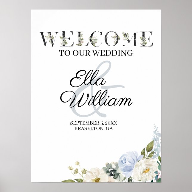Rustic Blue Floral Wedding Welcome Sign (Front)