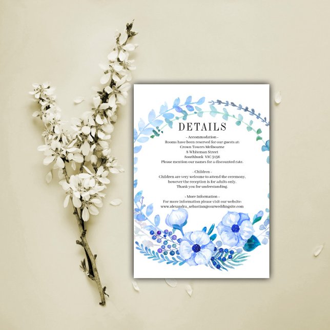 Rustic Blue Floral Wedding Wreath Details Enclosure Card (Creator Uploaded)