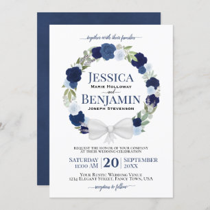 Rustic Blue Floral Wreath Elegant Boho Wedding Invitation