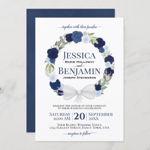 Rustic Blue Floral Wreath Elegant Boho Wedding Invitation
